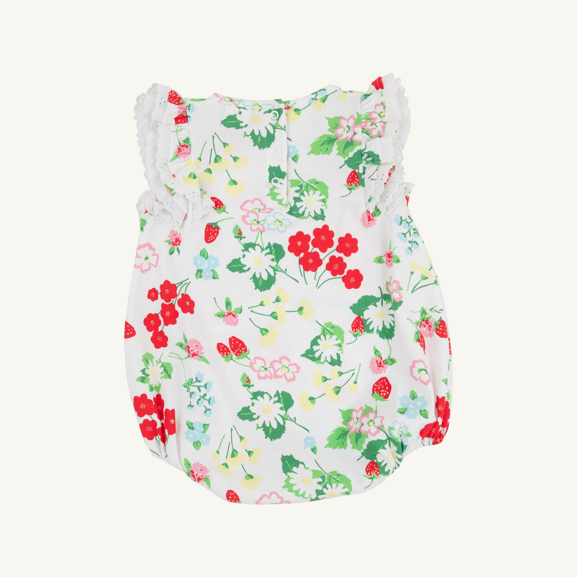 White Ruehling Ruffle Bubble dress for baby girls by The Beaufort Bonnet Company with berry and sweet details and ruffle accents.