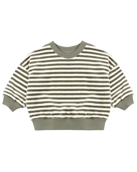 Quincy Mae Spruce Stripe Velour Relaxed Sweatshirt with soft velour fabric and relaxed fit, featuring green and white stripe pattern.