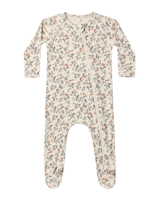 Quincy Mae holiday floral bamboo zip footie for babies, featuring colorful floral pattern and cozy bamboo fabric.