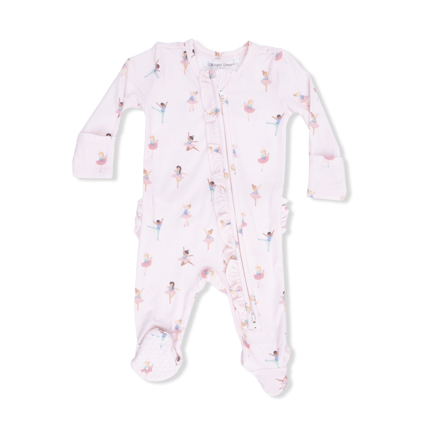 Angel Dear petite ballet 2-way ruffle front zipper footie for babies, featuring soft fabric and cute ruffle details.