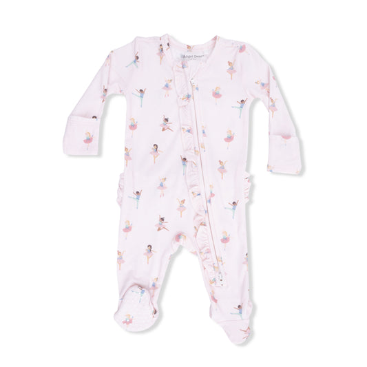 Angel Dear petite ballet 2-way ruffle front zipper footie for babies, featuring soft fabric and cute ruffle details.