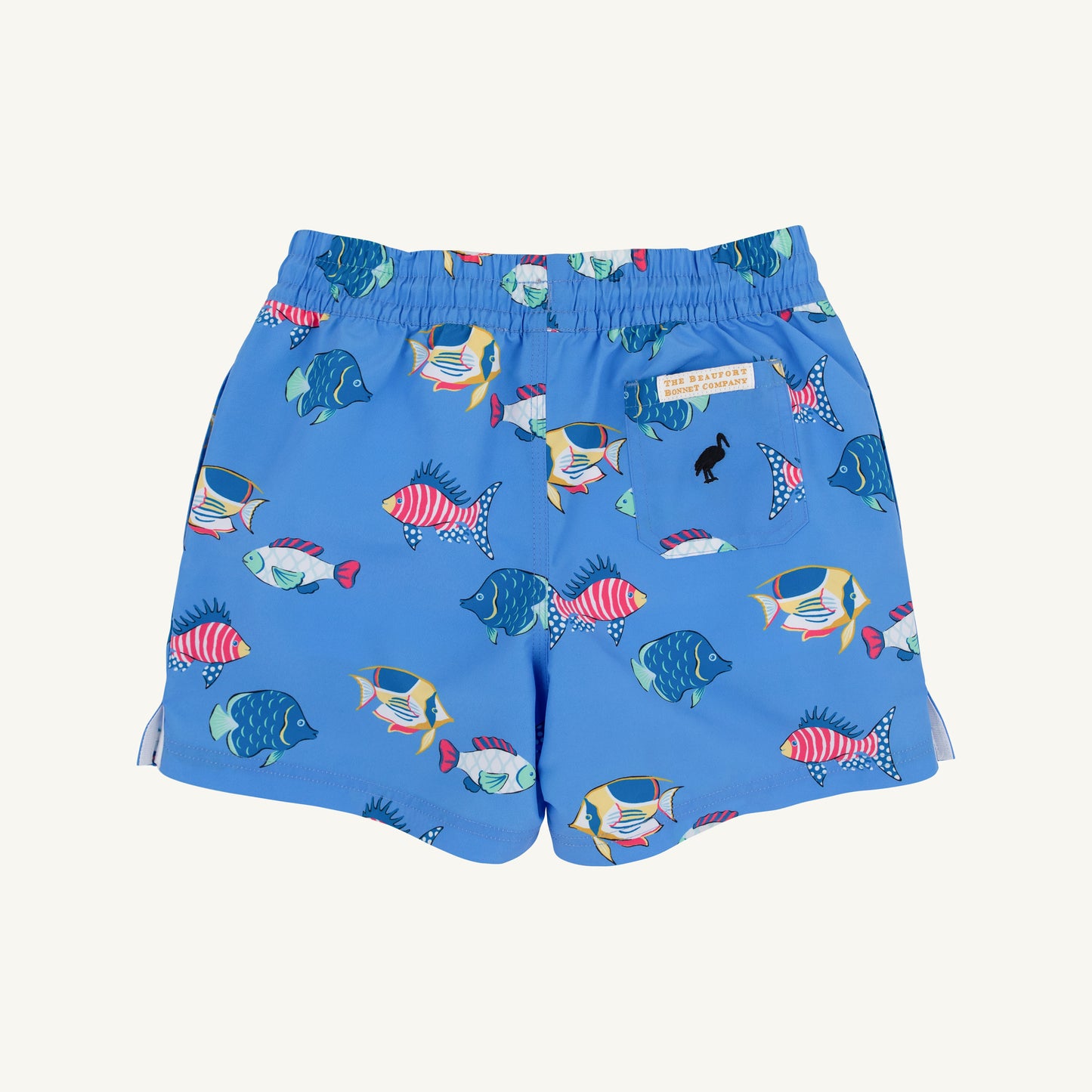The Beaufort Bonnet Company Here Fishy Fishy Newport Night Tortola swim trunks with vibrant fish pattern and comfortable waistband.