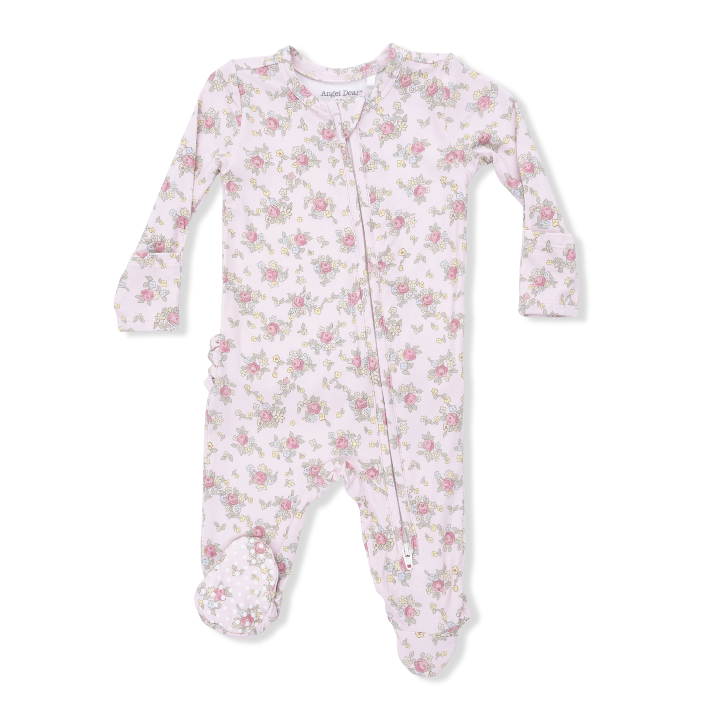 Angel Dear Edith's Rose Garden 2-Way Ruffle Back Zipper Footie for babies, featuring floral print and soft fabric.