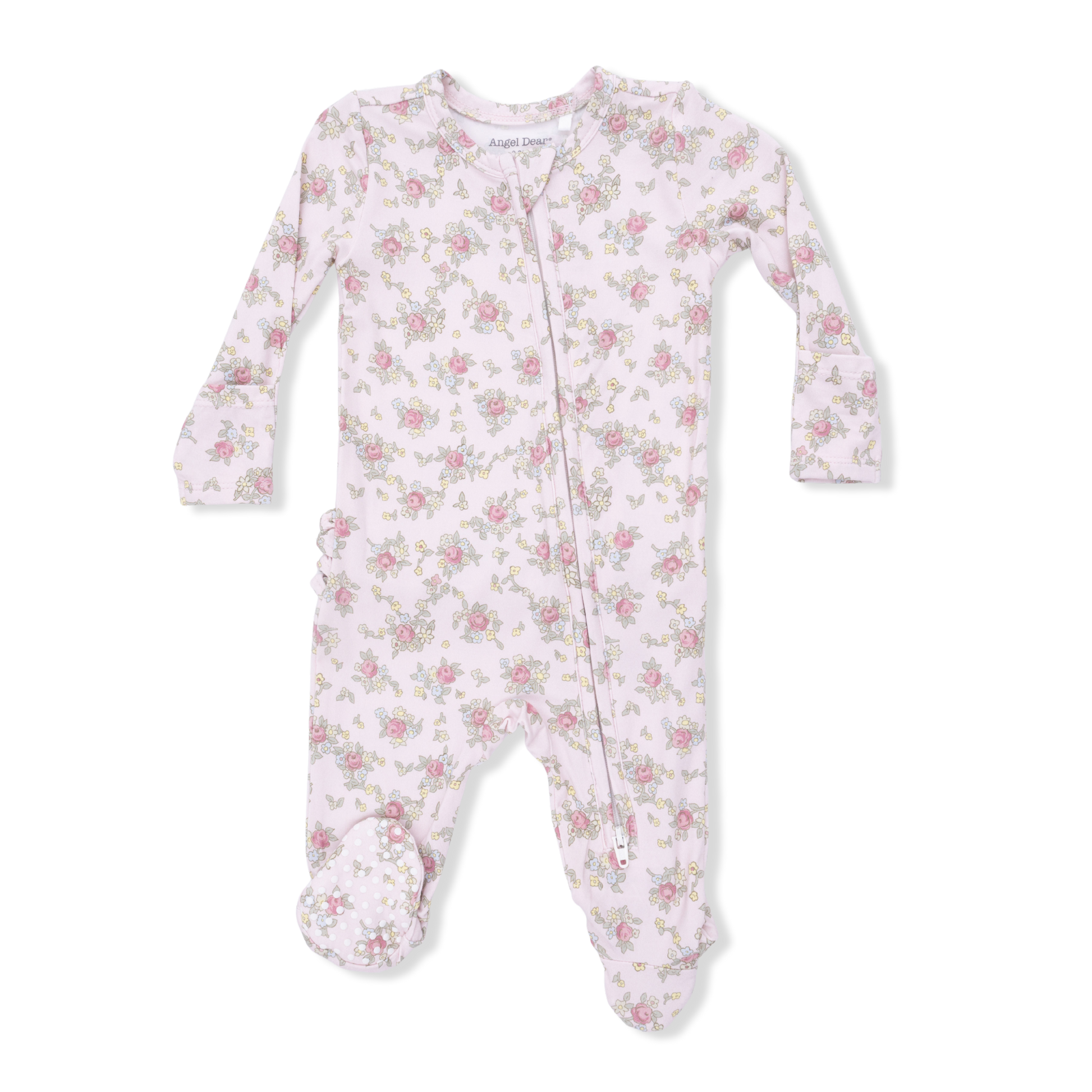 Angel Dear Edith's Rose Garden 2-Way Ruffle Back Zipper Footie for babies, featuring floral print and soft fabric.