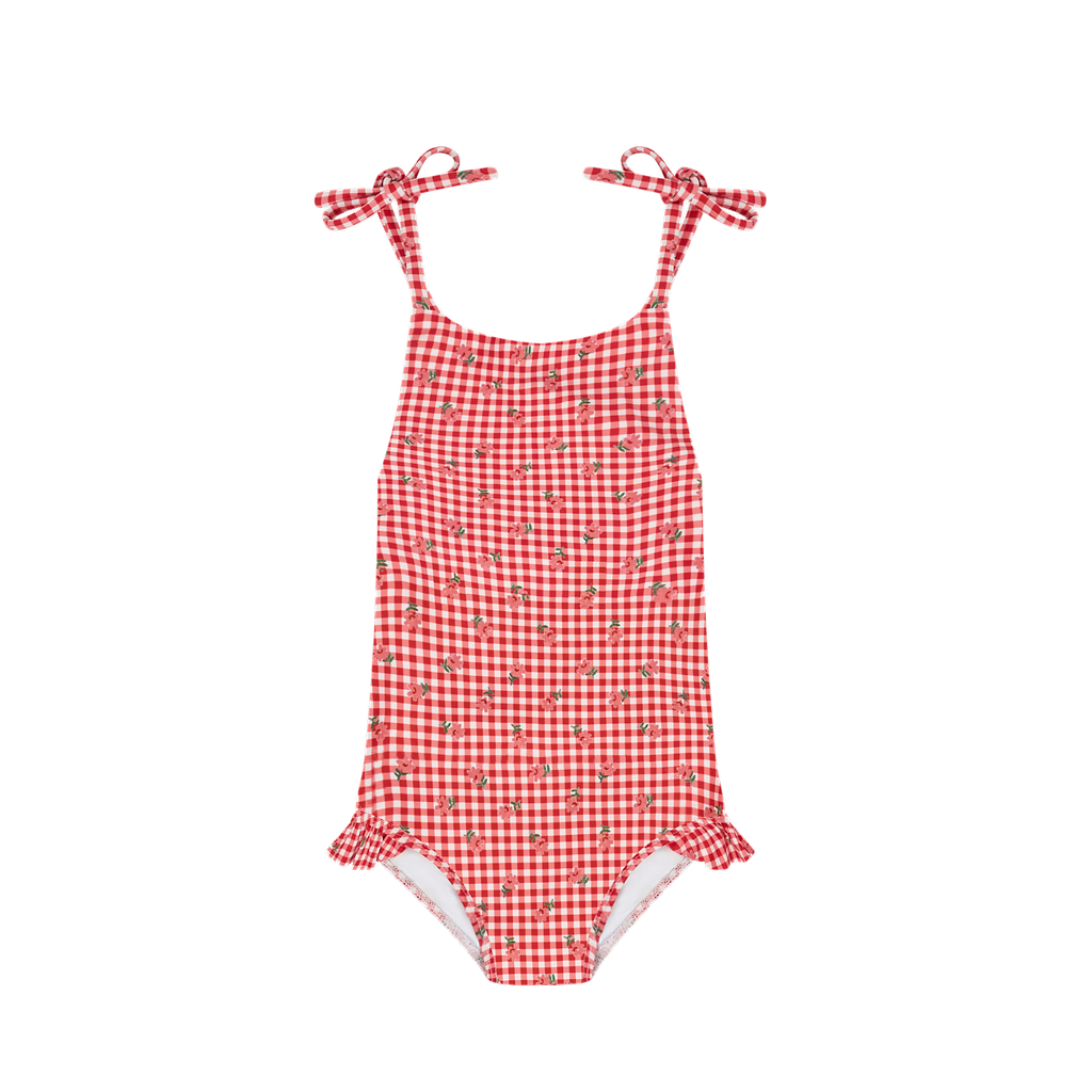 Girls floral gingham halter one-piece swimsuit with front tie straps by Minnow, featuring a colorful floral pattern and adjustable halter neckline.