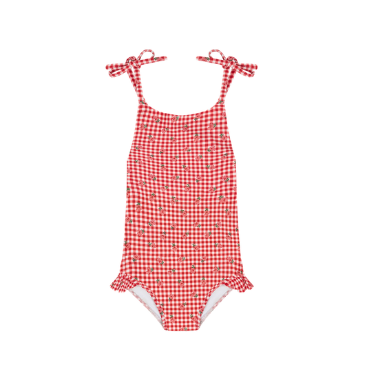 Girls floral gingham halter one-piece swimsuit with front tie straps by Minnow, featuring a colorful floral pattern and adjustable halter neckline.