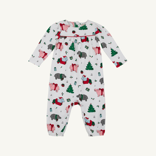 Long sleeve Penny's playsuit by The Beaufort Bonnet Company featuring a cute hippopotamus print on soft fabric.