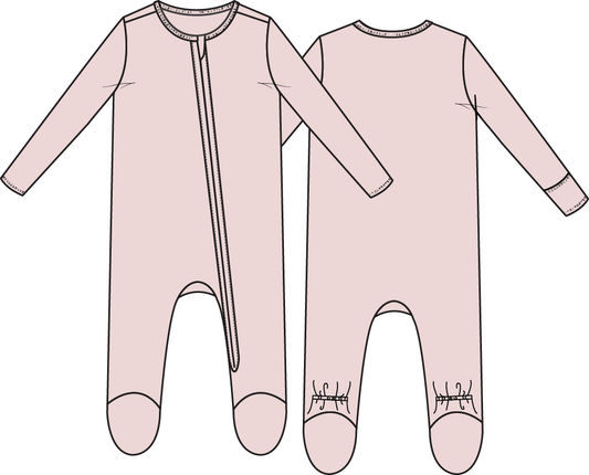 Angel Dear solid mauve Morn zip footie for babies, featuring soft fabric and full-length zipper for easy dressing.
