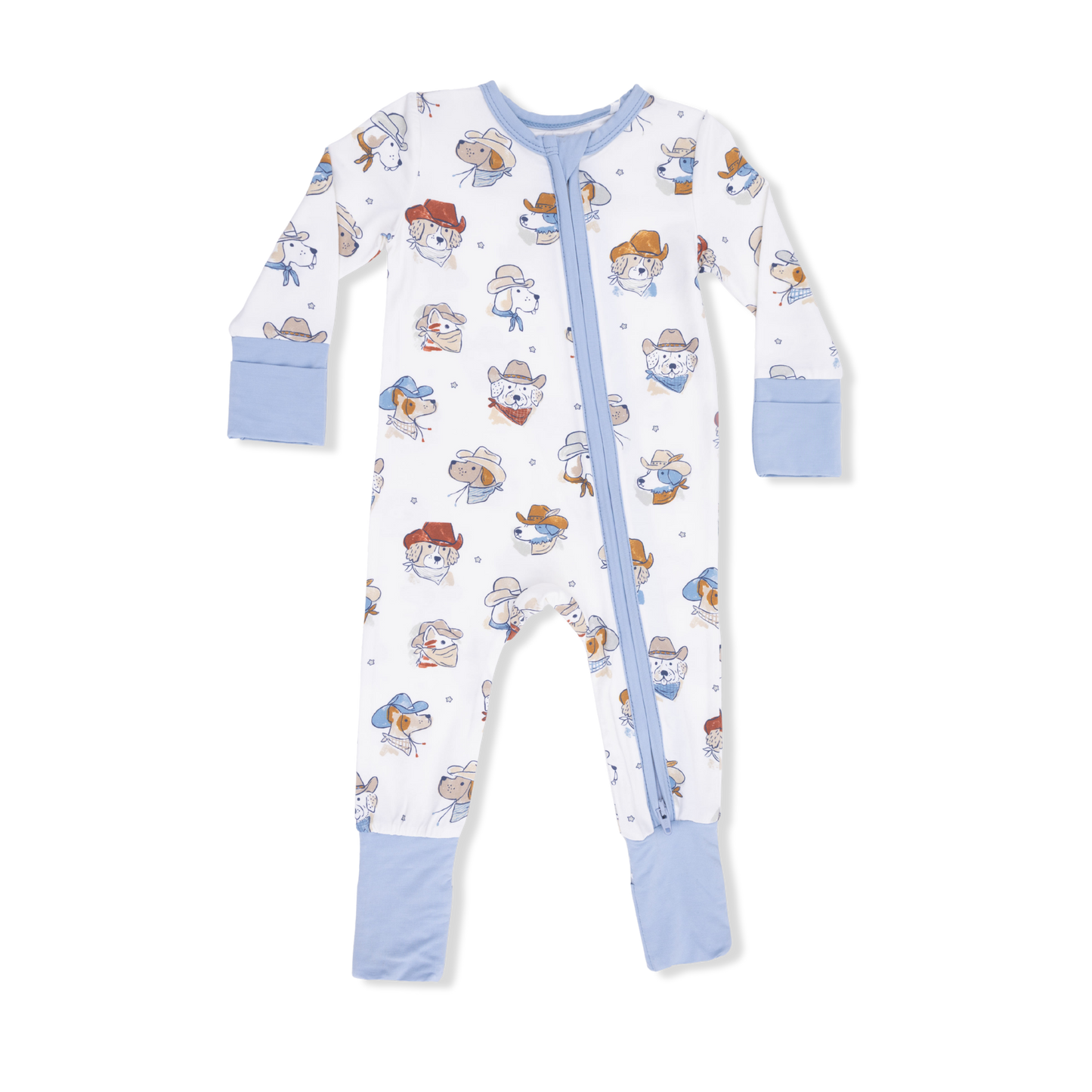 Angel Dear Cowdogs convertible romper featuring playful cowdog print, soft fabric, and versatile design for babies.