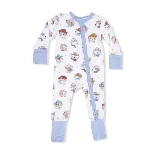 Angel Dear Cowdogs convertible romper featuring playful cowdog print, soft fabric, and versatile design for babies.