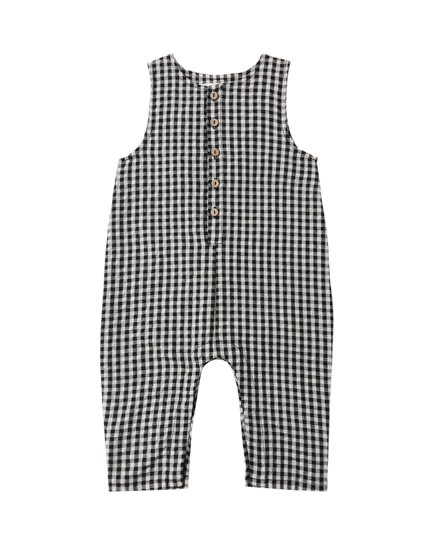 Black check button jumpsuit by Rylee & Cru, featuring a stylish design with front buttons and a comfortable fit.