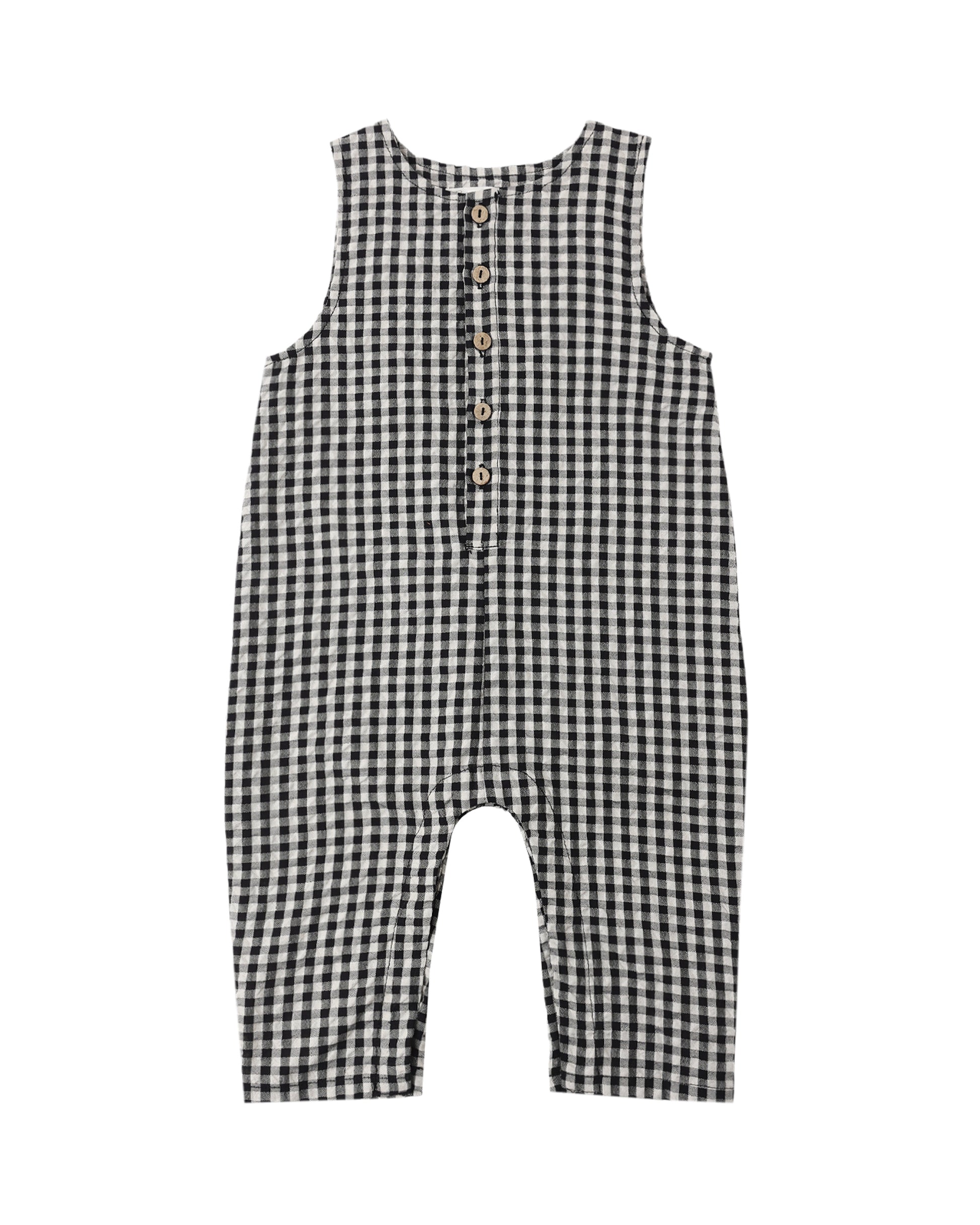 Black check button jumpsuit by Rylee & Cru, featuring a stylish design with front buttons and a comfortable fit.