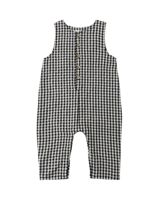Black check button jumpsuit by Rylee & Cru, featuring a stylish design with front buttons and a comfortable fit.