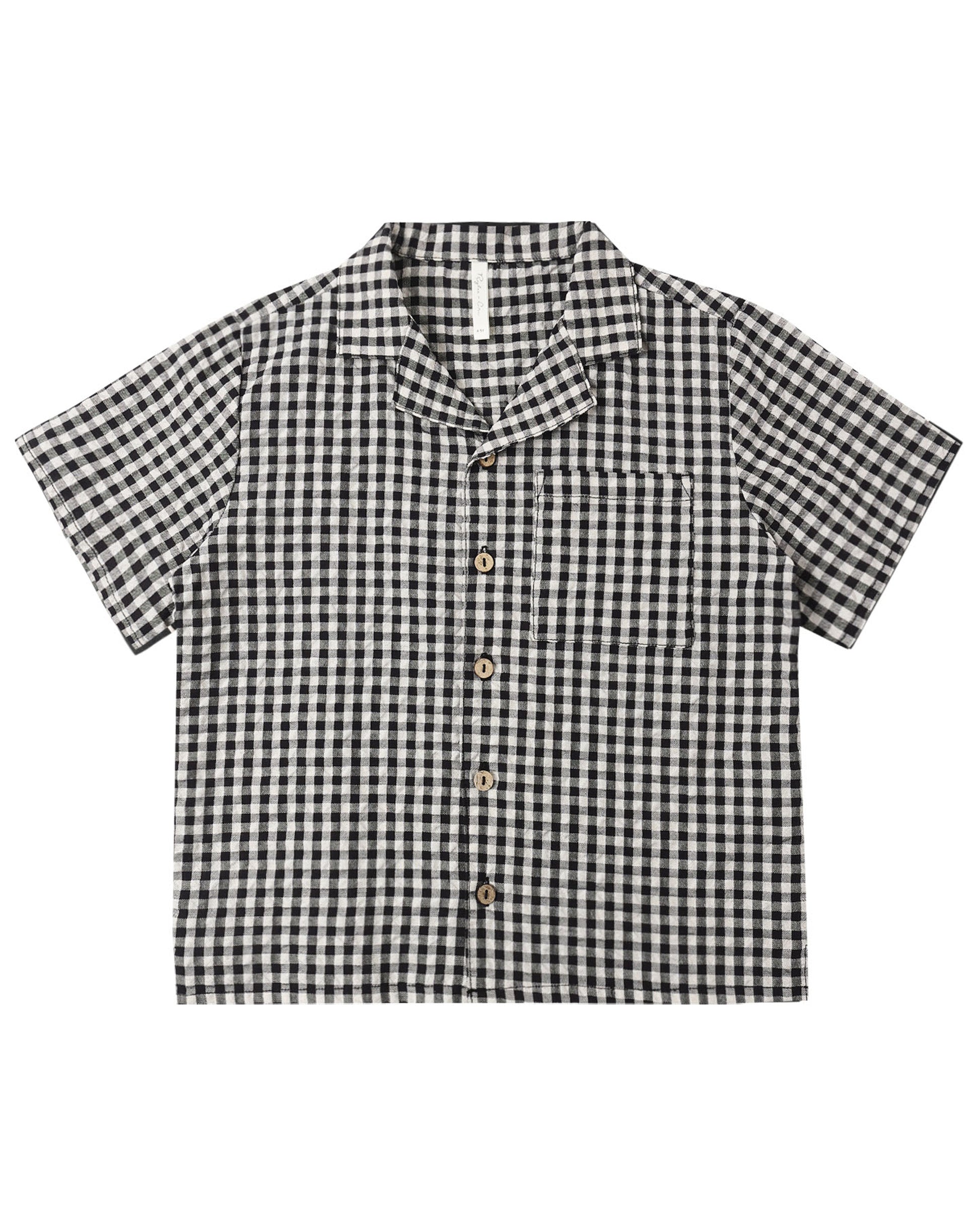 Black check lapel collared shirt by Rylee & Cru, featuring a classic design with a button-up front and long sleeves.