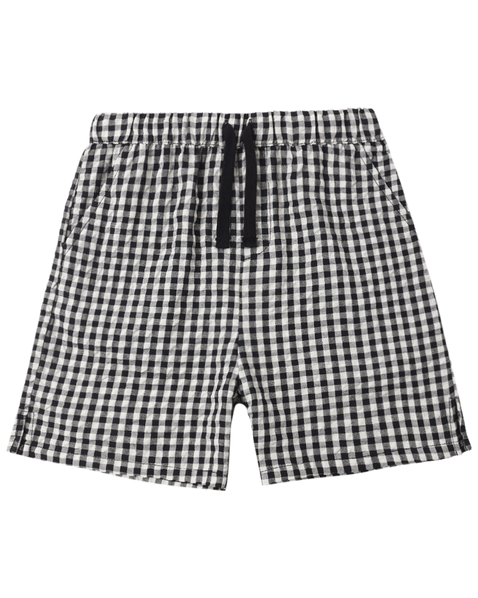 Black check Perry shorts by Rylee & Cru featuring a relaxed fit and classic check pattern, perfect for casual wear.