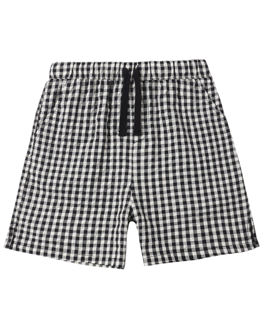Black check Perry shorts by Rylee & Cru featuring a relaxed fit and classic check pattern, perfect for casual wear.