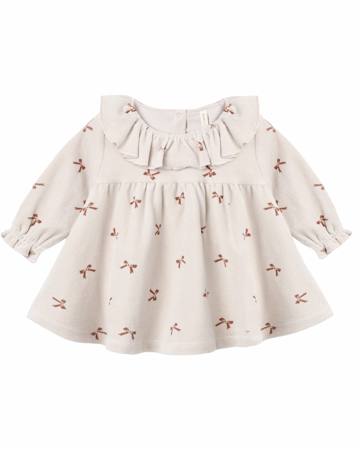 Red velour baby dress with large decorative bows from Quincy Mae, featuring soft fabric and adorable design for infants.