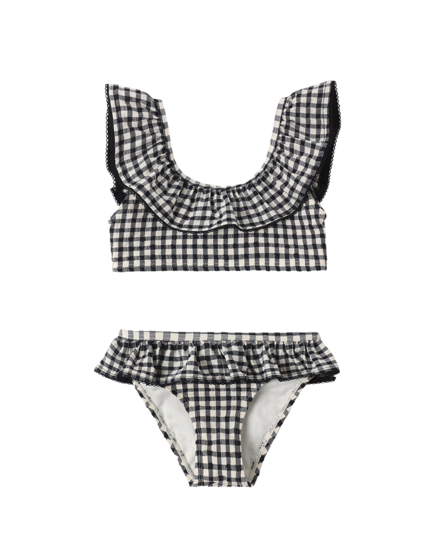 Black check Margot bikini by Rylee & Cru featuring a stylish check pattern and classic bikini top and bottom design.