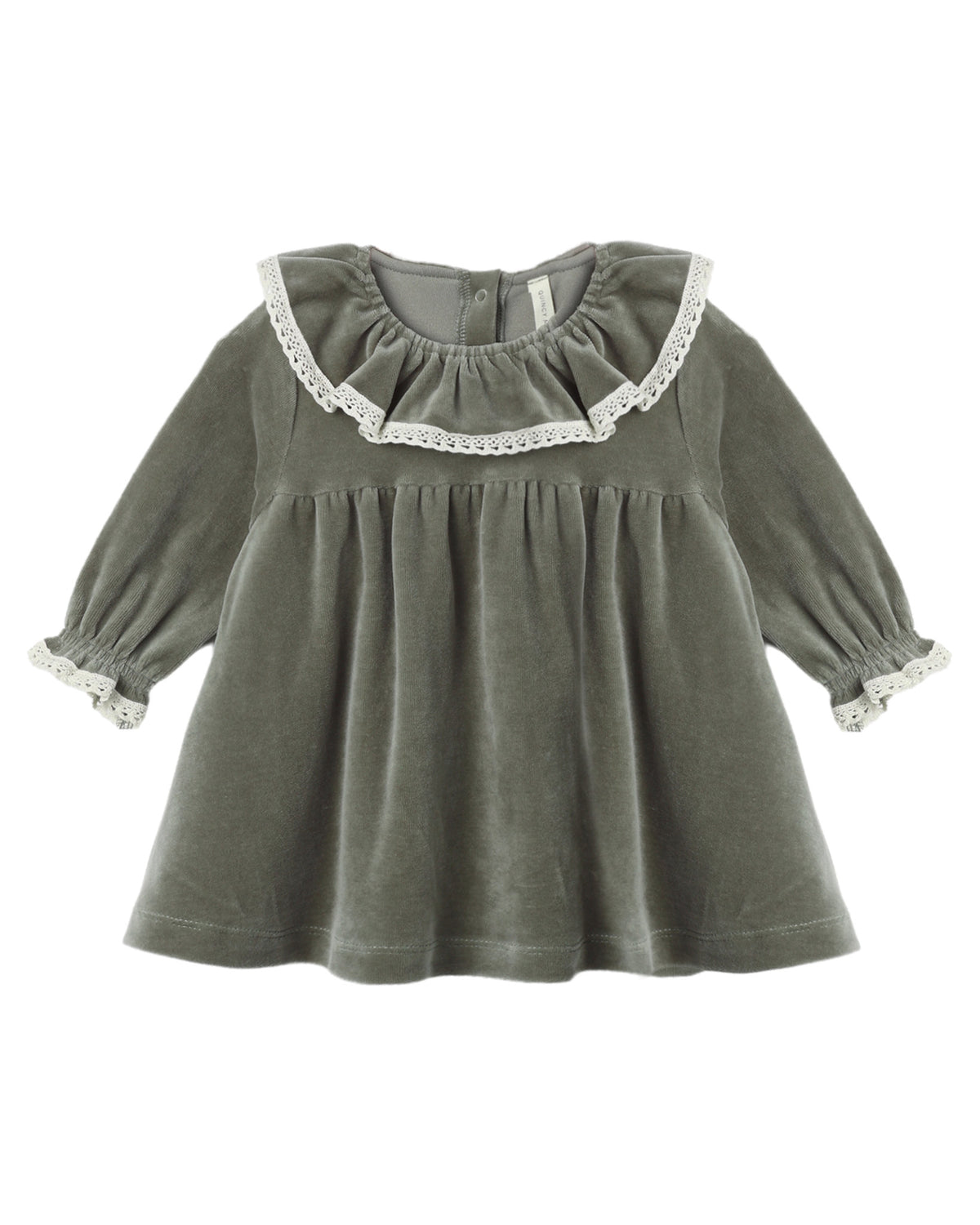 Quincy Mae Spruce Velour Baby Dress in soft green with long sleeves and a ruffled collar, perfect for cozy baby outfits.
