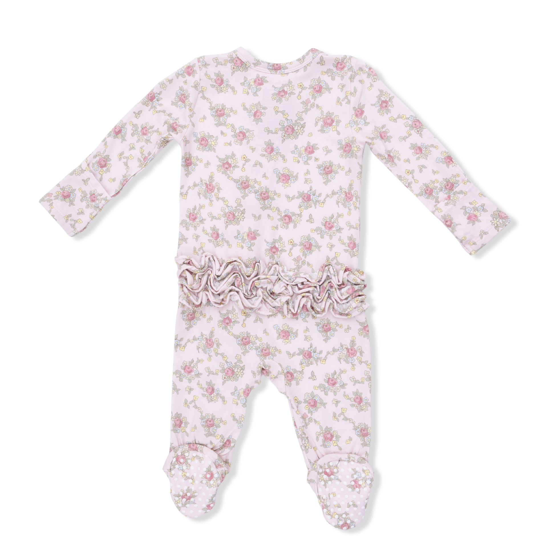 Angel Dear Edith's Rose Garden 2-Way Ruffle Back Zipper Footie for babies, pink floral print with ruffle details and zipper closure.