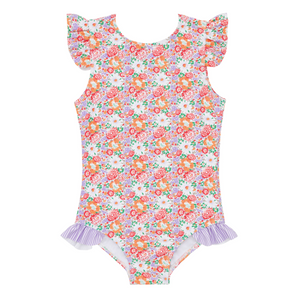 minnow - girls multi floral ruffle cap sleeve rashguard one piece