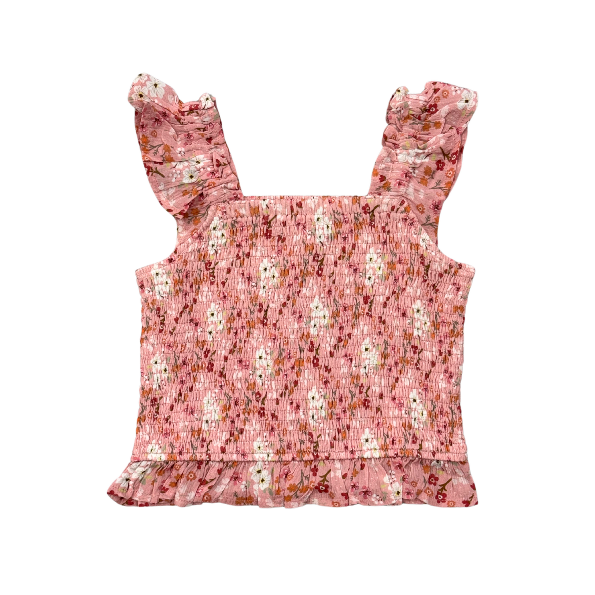 Babysprouts Hannah Bouquet floral smock ruffle tank top for girls, featuring colorful floral print and ruffled neckline.