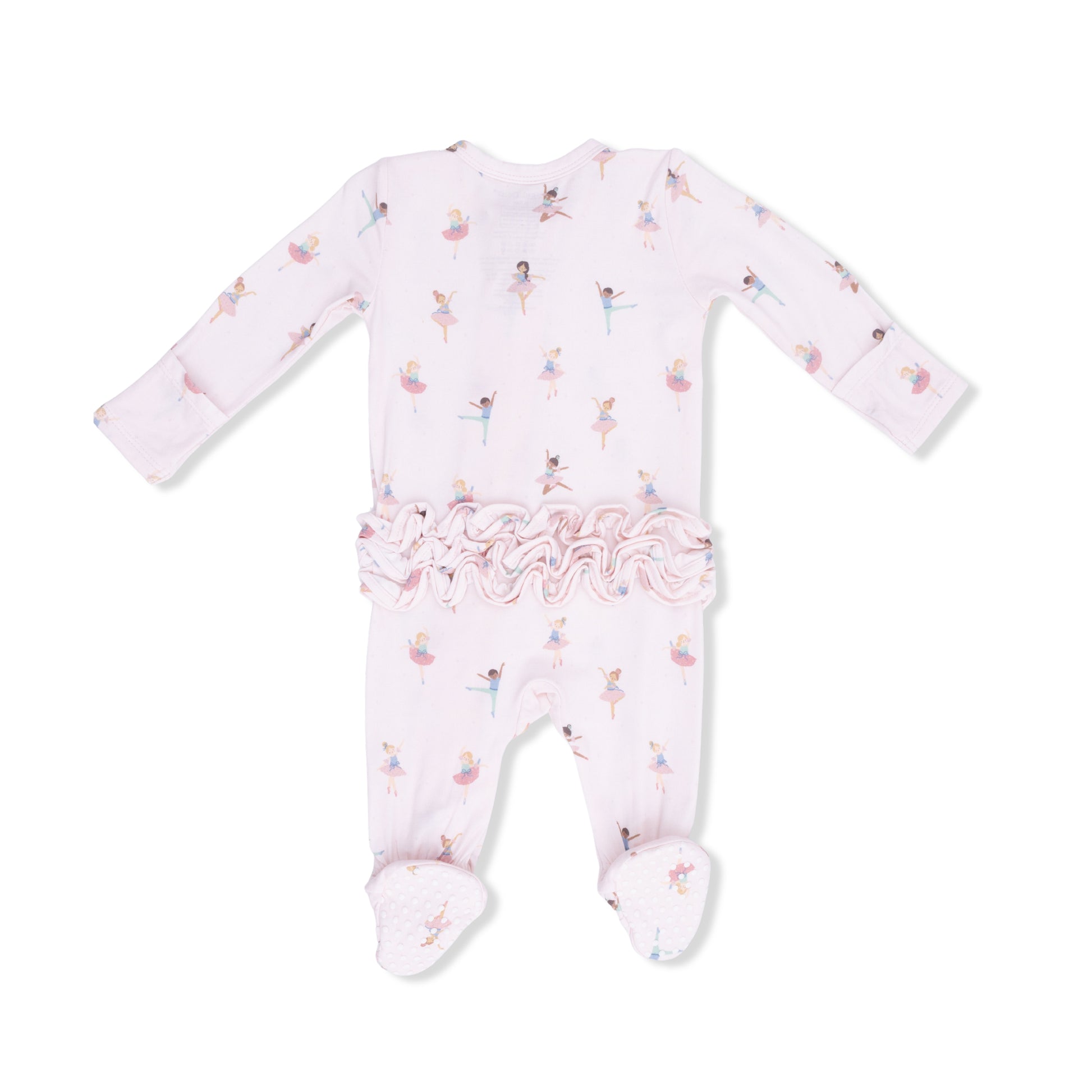 Angel Dear petite ballet 2-way ruffle front zipper footie, soft baby one-piece with ruffle accents and front zipper closure.