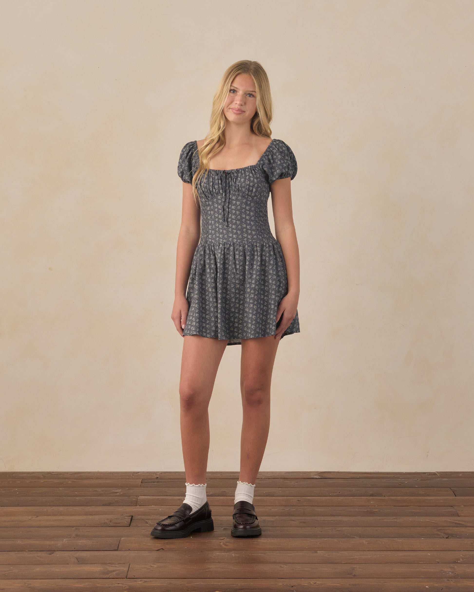 Teen Heart Ditsy Alex Dress by Rylee & Cru shown on a girl, featuring a pink heart print and a flowing, casual summer dress style.