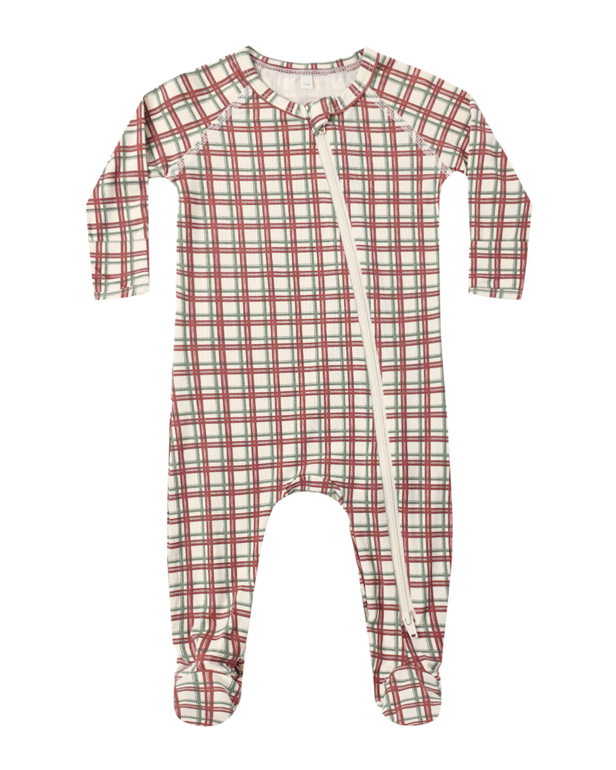 Quincy Mae Redwood Check Bamboo Zip Footie for babies, featuring red and white check pattern with front zipper and soft bamboo fabric.