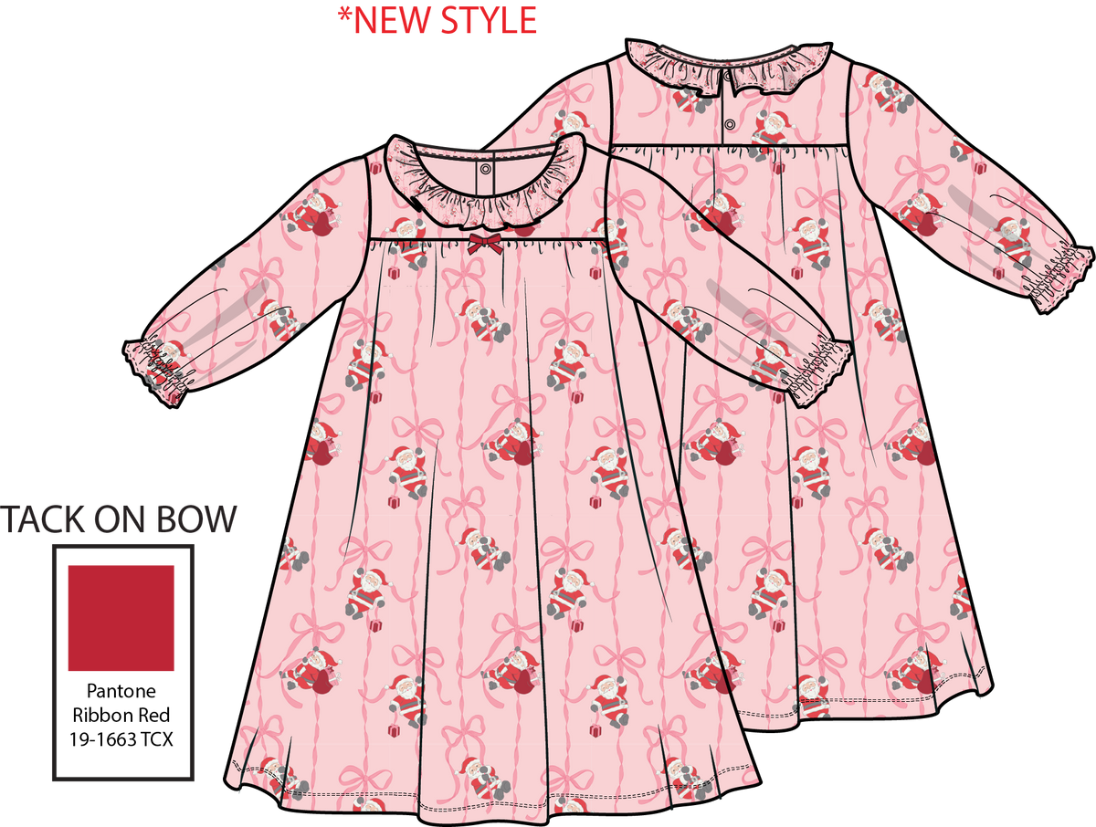 Angel Dear bows and Santa long sleeve gown with ruffle collar, featuring festive red fabric and decorative bows for holiday wear.