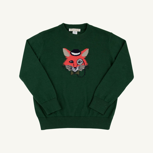 Green fox Isaac's Intarsia Sweater by The Beaufort Bonnet Company featuring a detailed fox motif on a cozy knit sweater.