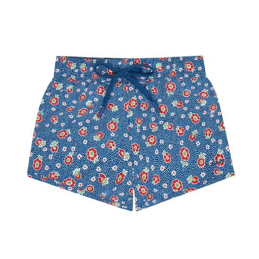 Boys navy floral board shorts by Minnow featuring a colorful floral pattern and elastic waistband, suitable for summer wear.