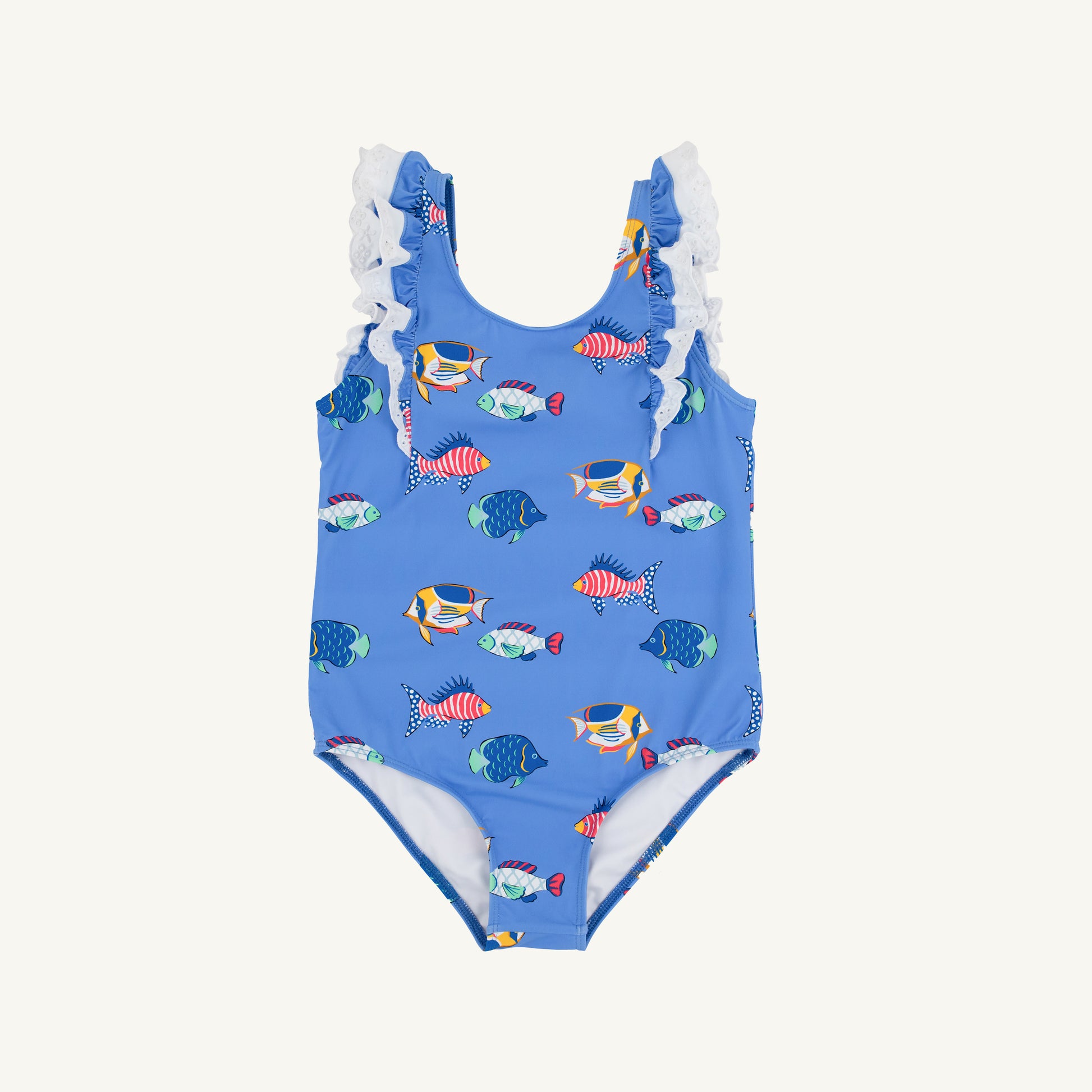 White Ruehling ruffle bathing suit for kids by The Beaufort Bonnet Company, featuring a playful fish design and ruffle details.