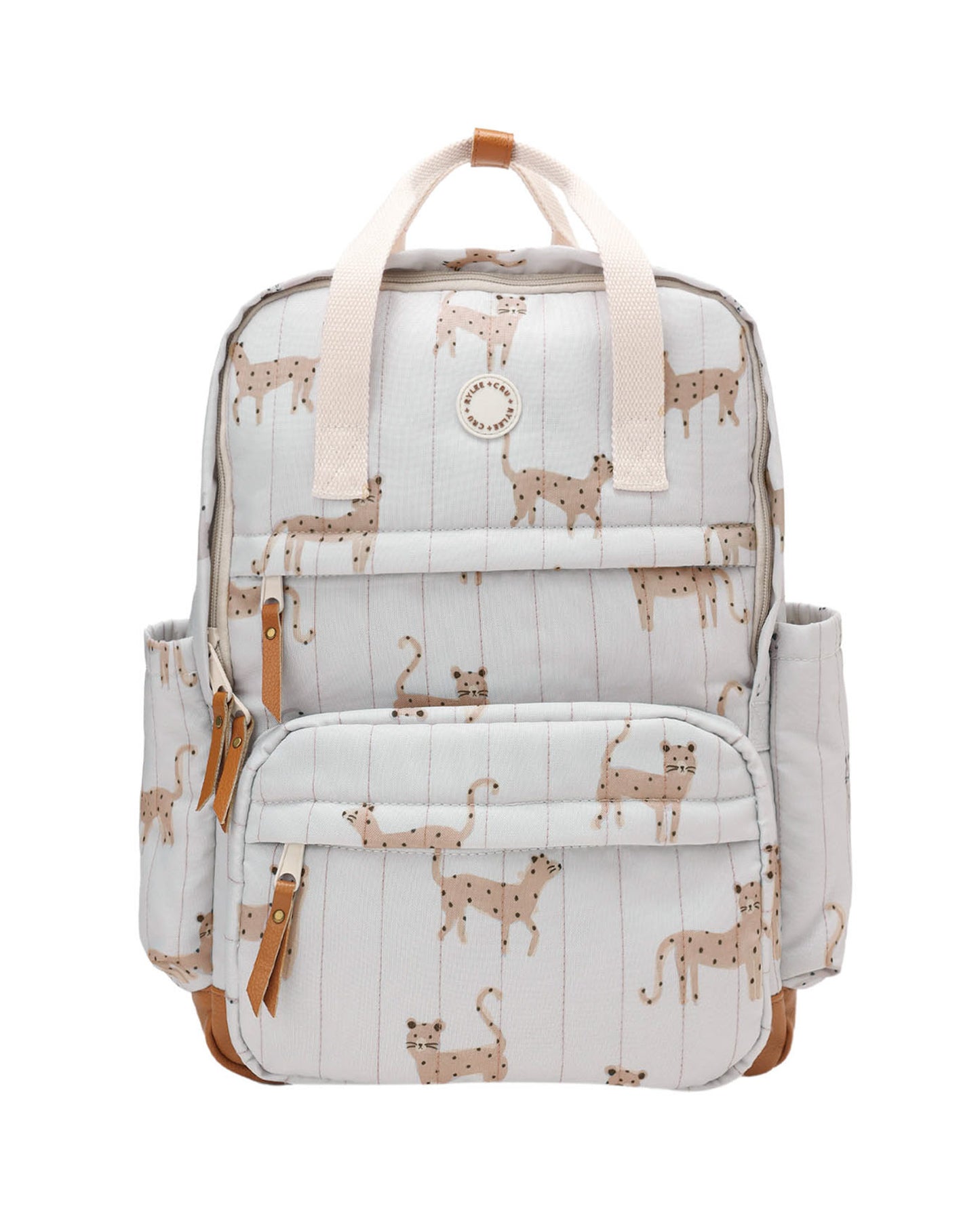 Rylee & Cru leopard backpack featuring a stylish animal print, adjustable straps, and spacious main compartment for kids' accessories.