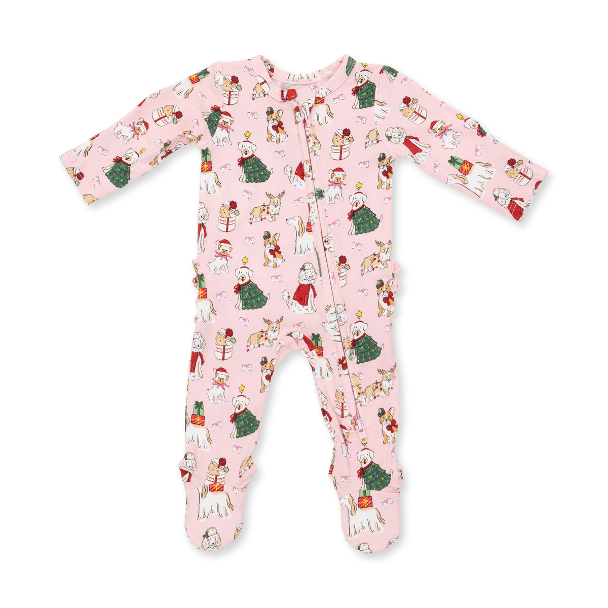 Pink Christmas Dogs Two Way Ruffle Back Zipper Footie
