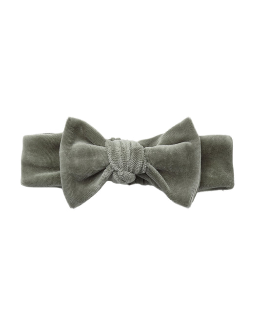 Quincy Mae Spruce Velour Bow Headband with a soft, plush green velour fabric and a large bow for baby or toddler accessories