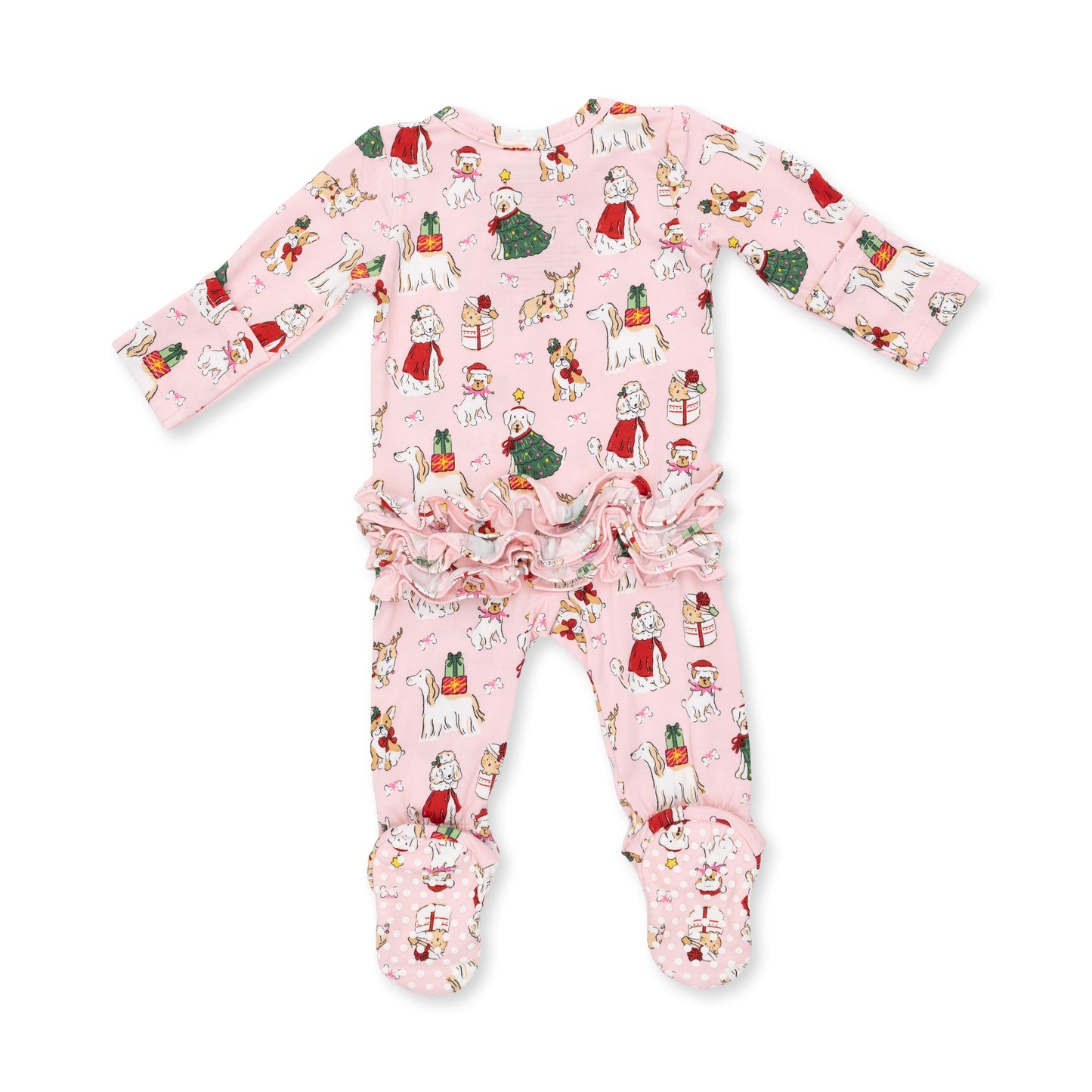 Pink Christmas Dogs Two Way Ruffle Back Zipper Footie