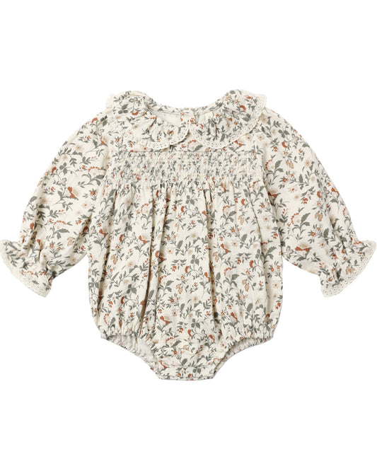 Quincy Mae Holiday Floral Callie Romper for babies, featuring colorful floral print and soft fabric, perfect for festive occasions.