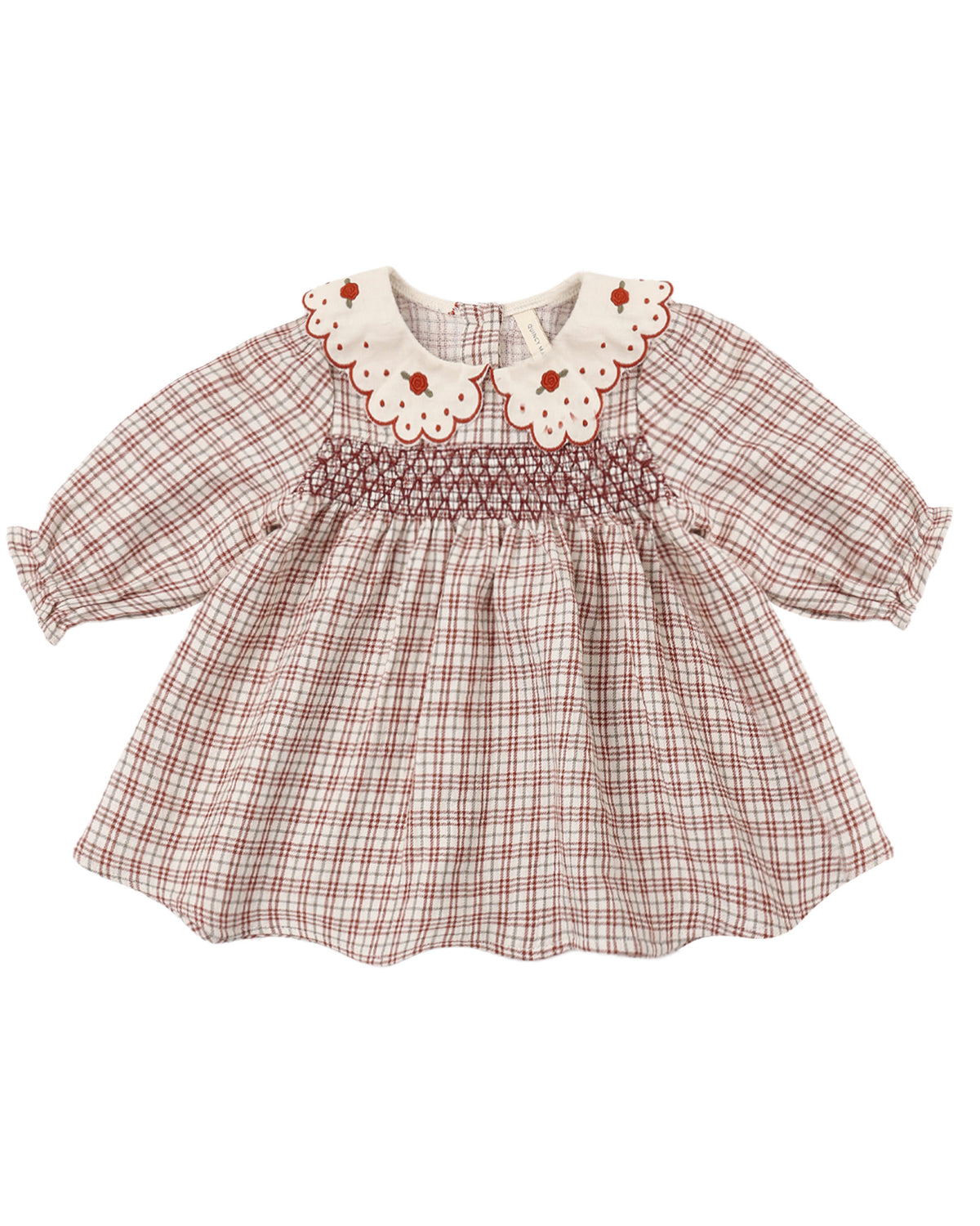 Quincy Mae Christmas plaid Callie dress for toddlers, featuring red and green tartan pattern with long sleeves and soft fabric.