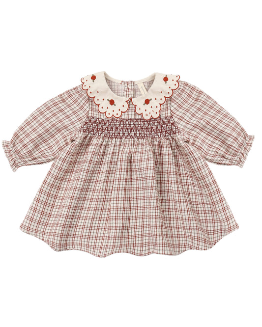 Quincy Mae Christmas plaid Callie dress for toddlers, featuring red and green tartan pattern with long sleeves and soft fabric.