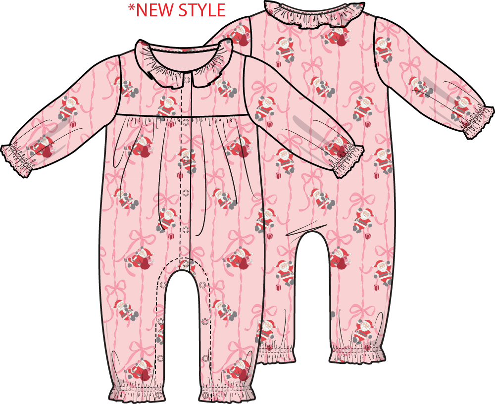 Angel Dear bows and Santa long sleeve romper with ruffle collar, featuring festive holiday print and soft fabric for babies.