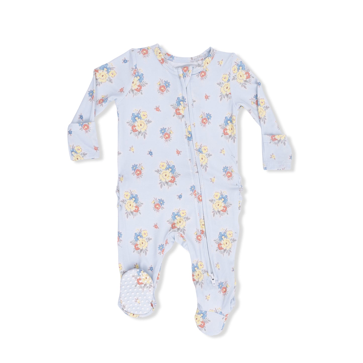 Angel Dear Country Stitch Floral 2-Way Ruffle Back Zipper Footie for babies, featuring floral print and comfortable design.