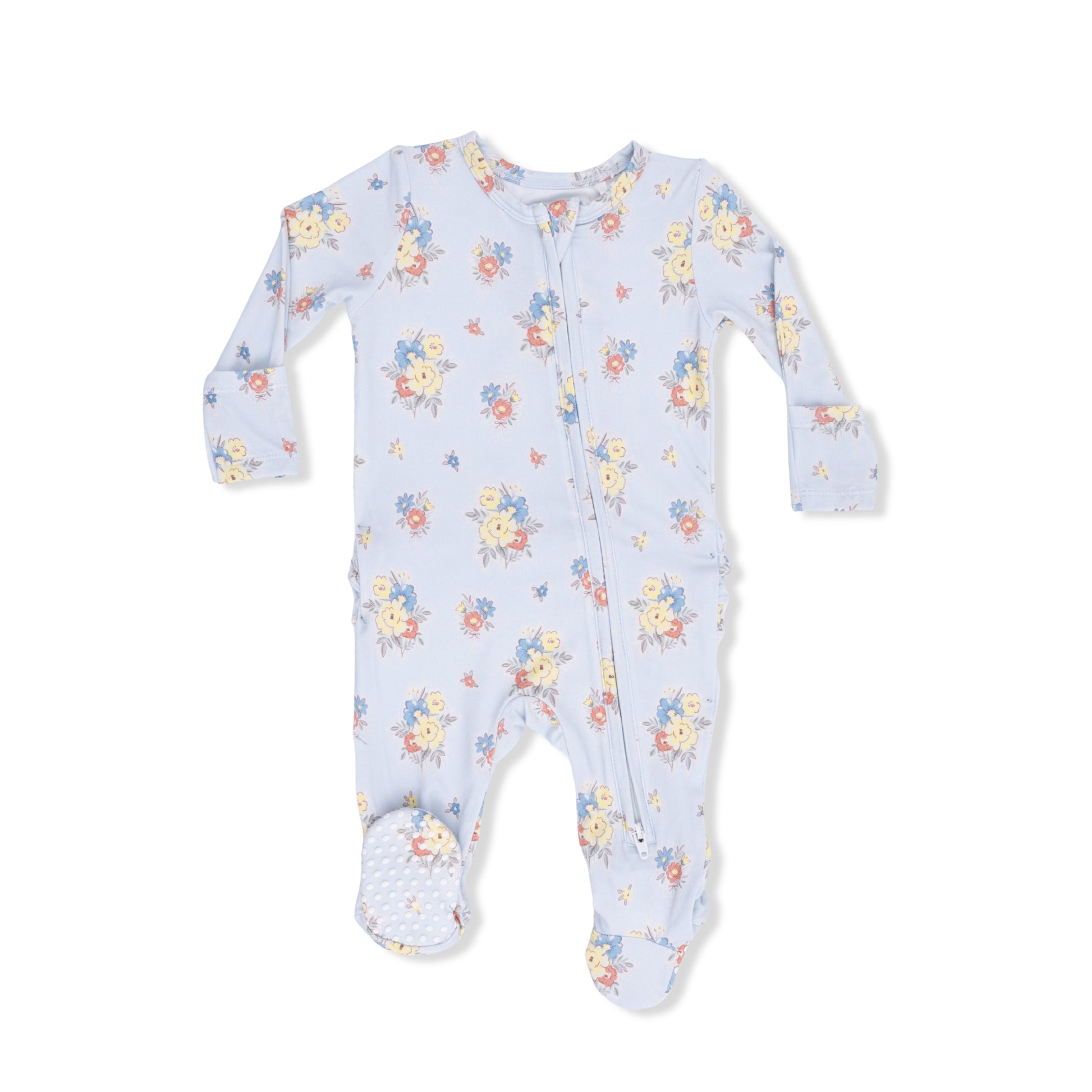 Angel Dear Country Stitch Floral 2-Way Ruffle Back Zipper Footie for babies, featuring floral print and comfortable design.