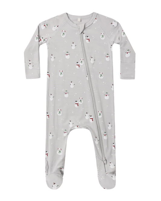 Quincy Mae Snowman Bamboo Zip Footie for babies, featuring a cozy snowman print and full-length zipper for easy dressing.