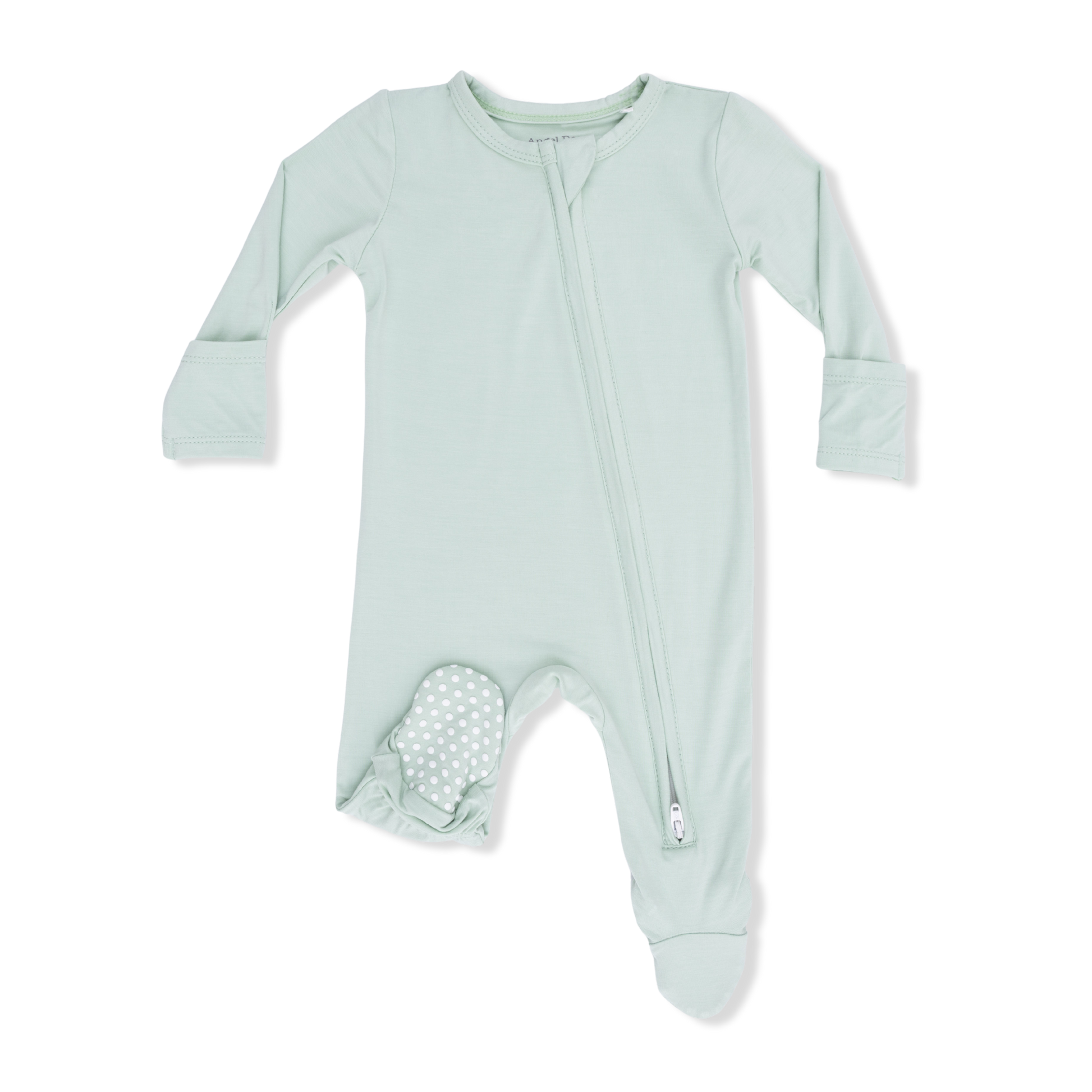 Angel Dear Solid Cameo Green 2-Way Zipper Footie for babies, featuring soft fabric, long sleeves, and a front zipper for easy dressing.