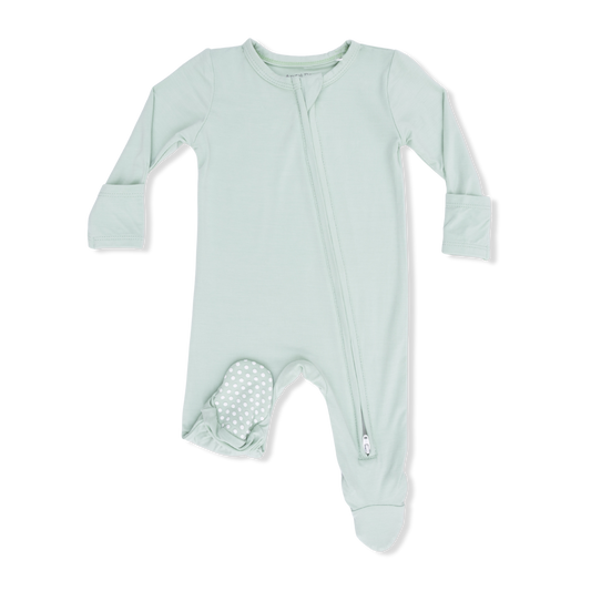 Angel Dear Solid Cameo Green 2-Way Zipper Footie for babies, featuring soft fabric and convenient zipper closure.