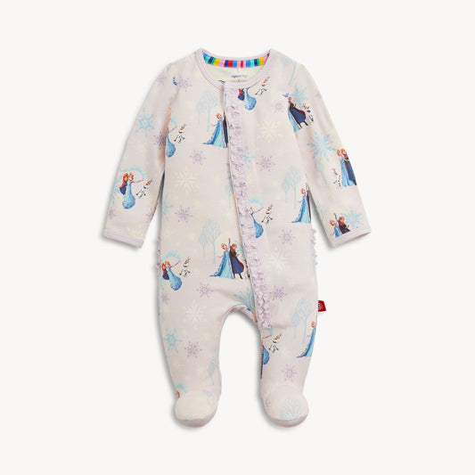 Frozen Right Fit Ruffle Footie by Magnetic Me, soft fabric with ruffle details, designed for comfortable baby wear.