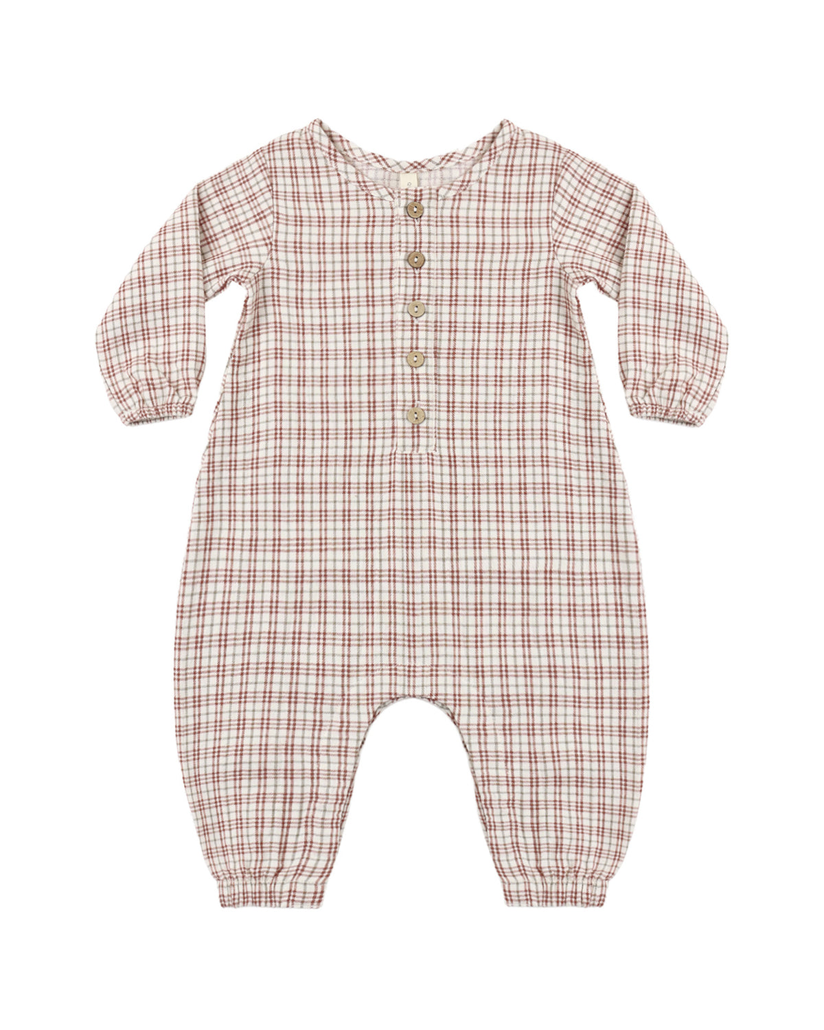 Quincy Mae Christmas plaid woven jumpsuit for children, featuring festive red and green tartan pattern, soft fabric, and comfortable fit.
