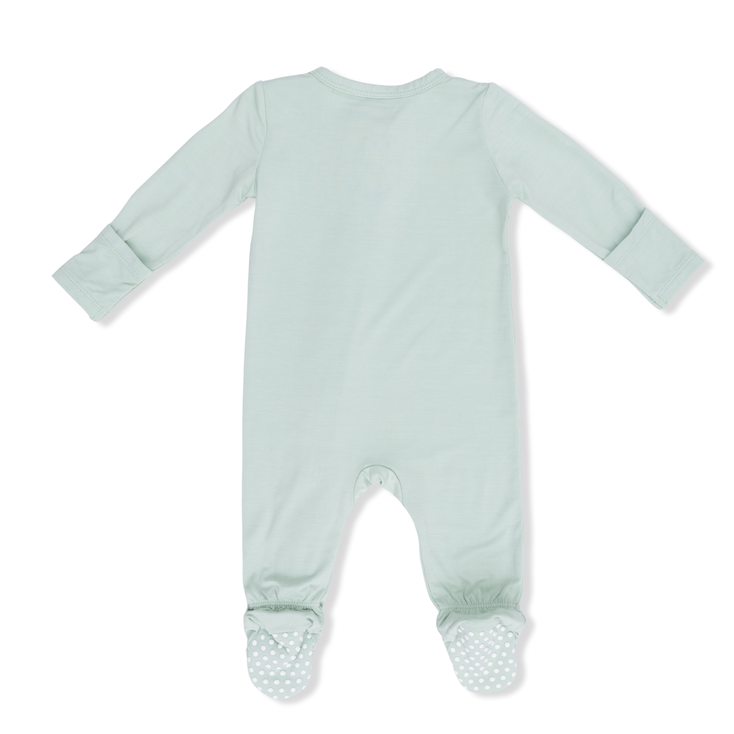 Solid Cameo Green 2-way zipper footie by Angel Dear, featuring a cozy, one-piece design with a front zipper for easy changing.