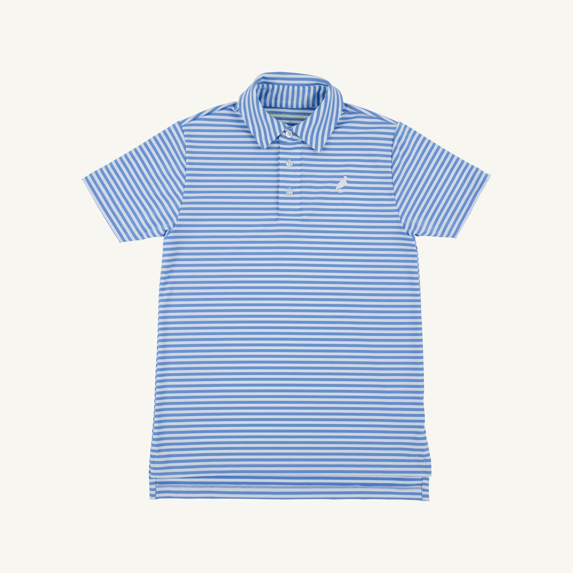 The Beaufort Bonnet Company Sunrise Blvd blue stripe and Worth Ave white PrepleticTM Prim and Proper Polo, displayed flat.